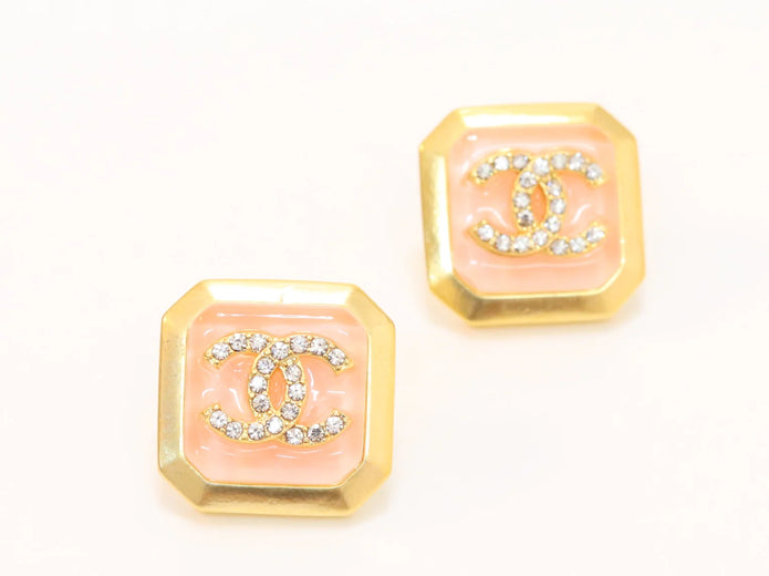Square pink enamel Double C gold earrings