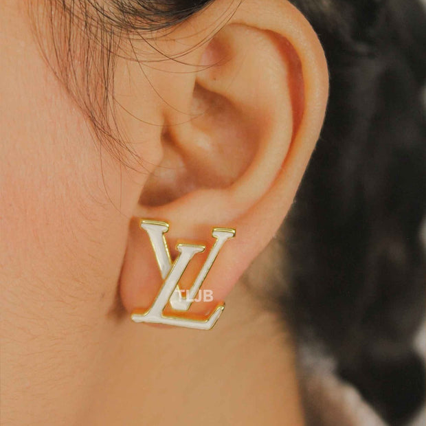 Alphabet L&V Gold white Stud Earrings
