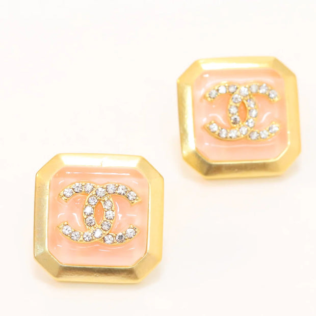 Square pink enamel Double C gold earrings