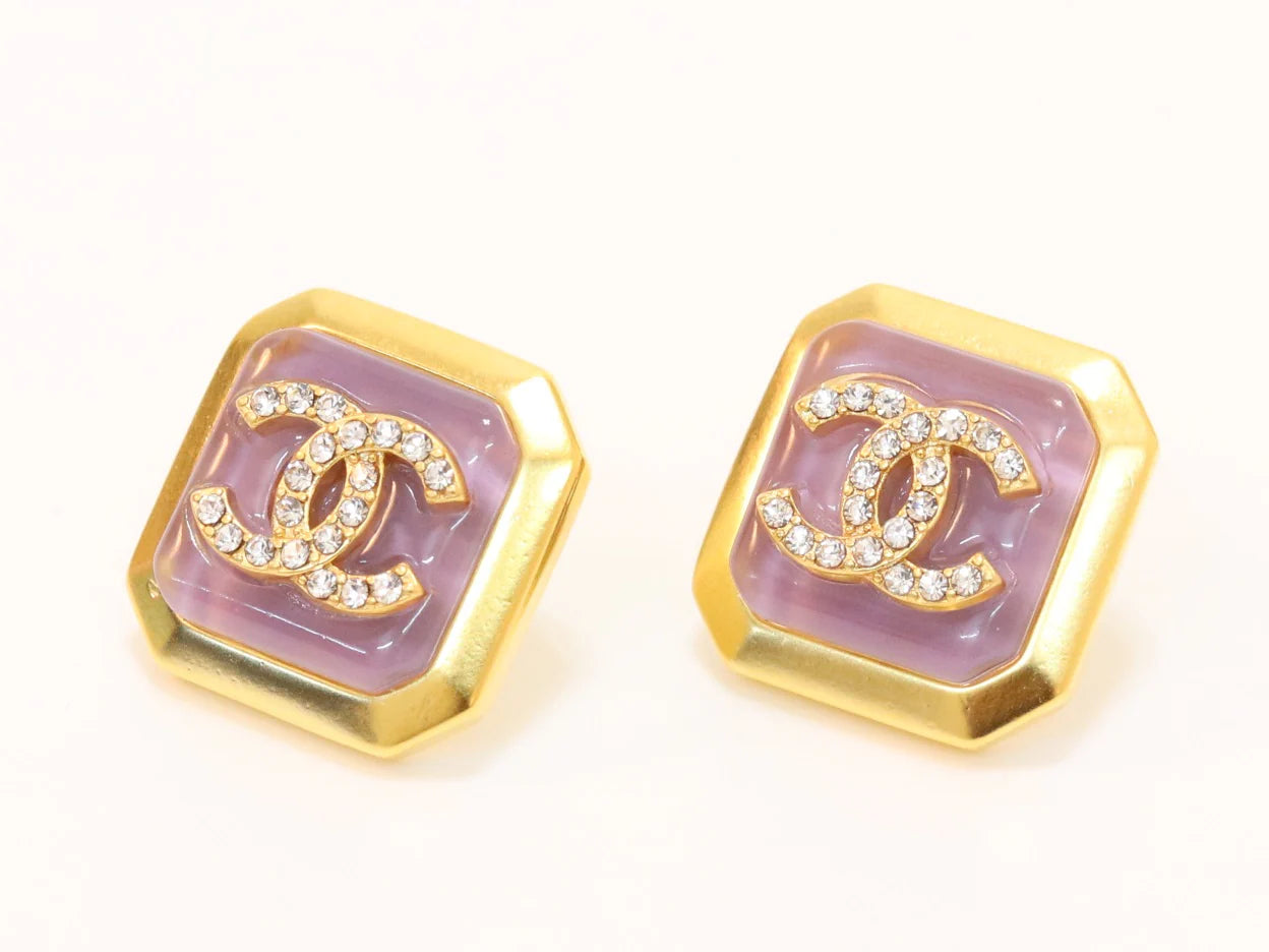 Square purple enamel Double C gold earrings