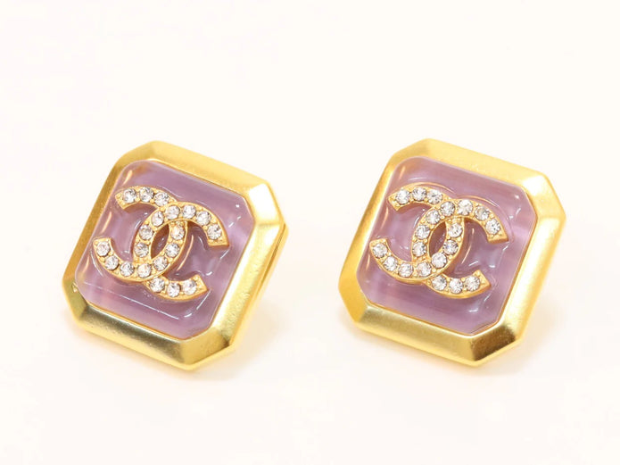 Square purple enamel Double C gold earrings