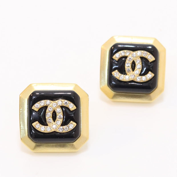 Square black enamel Double C gold earrings