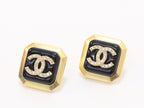 Square black enamel Double C gold earrings