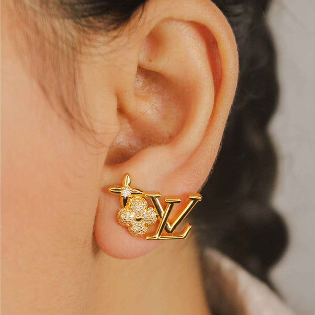 Twin L&V Flower Crystal Earrings