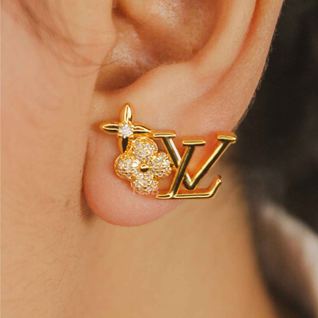 Twin L&V Flower Crystal Earrings