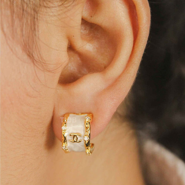 Double C Pearl Enamel Hoop Earrings