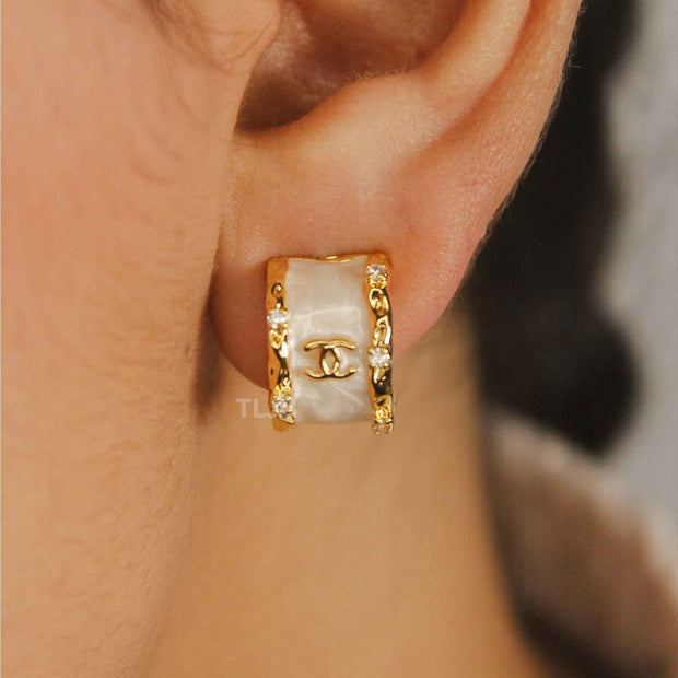 Double C Pearl Enamel Hoop Earrings