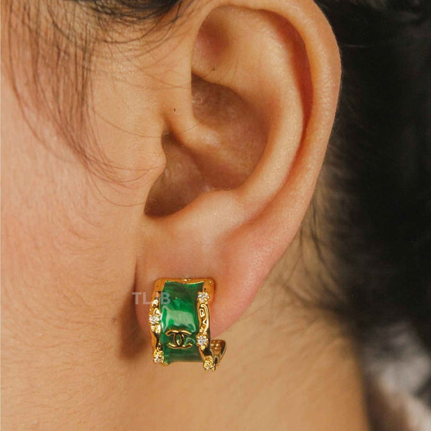 Double C Green Enamel Hoop Earrings