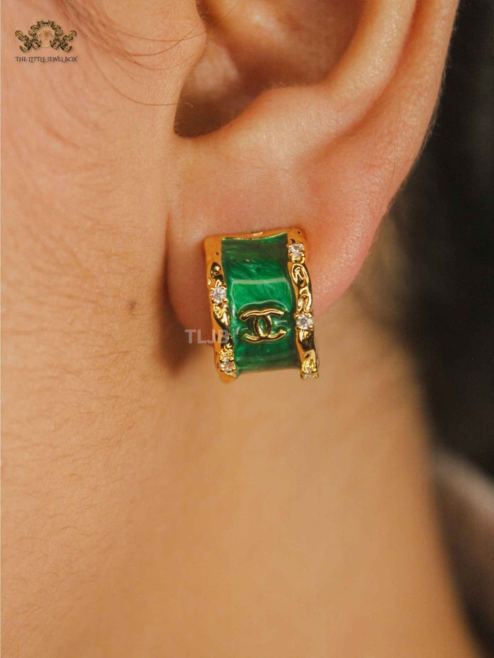 Double C Green Enamel Hoop Earrings