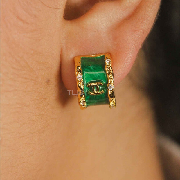 Double C Green Enamel Hoop Earrings