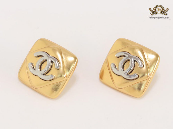 Double C matte gold and silver square studs with alphabet