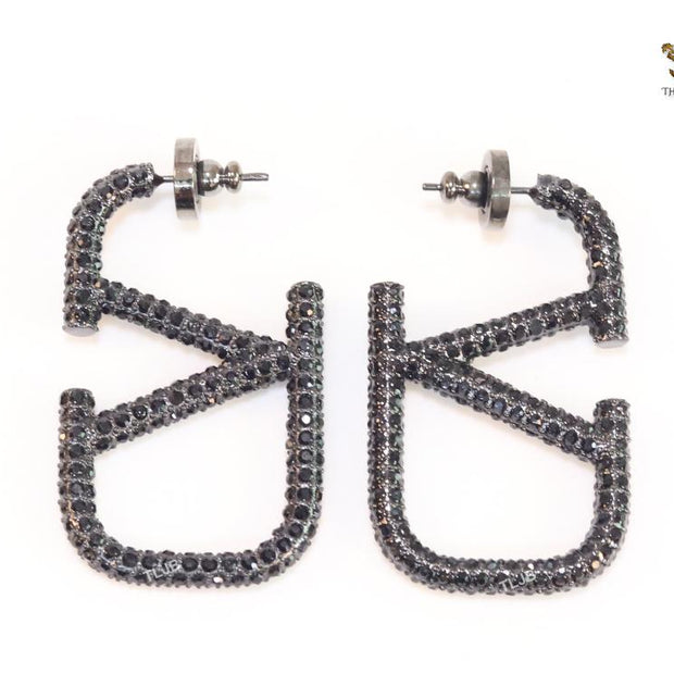Alphabet V black rhinestone hoops