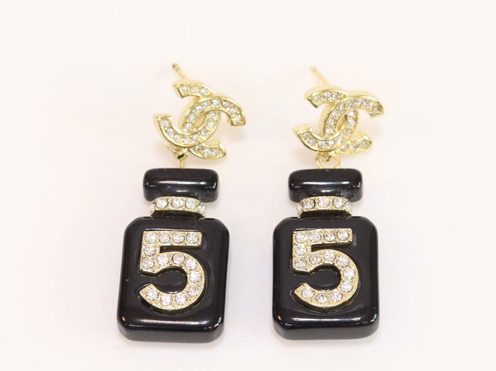 Double C gold danglers with 5 in CZ on black enamel