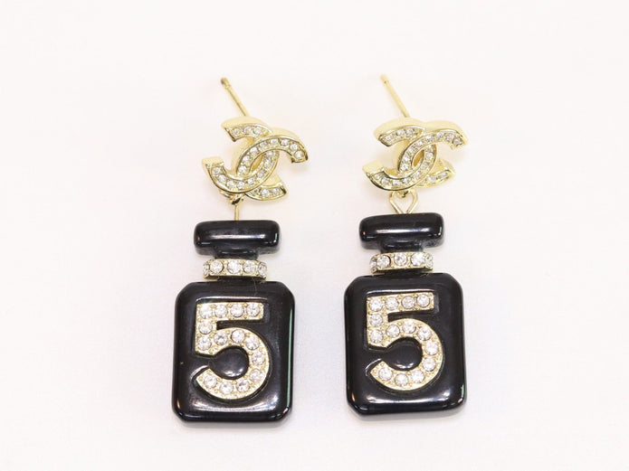 Double C gold danglers with 5 in CZ on black enamel