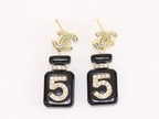 Double C gold danglers with 5 in CZ on black enamel