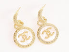 Double C on white enamel hanging gold earrings with CZ