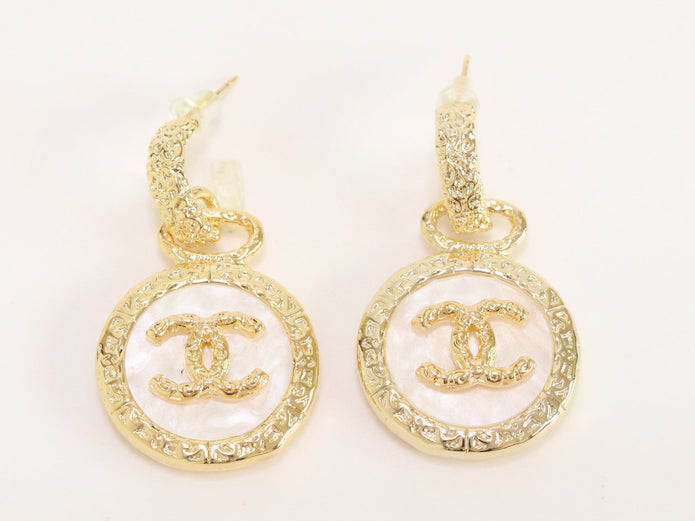 Double C on white enamel hanging gold earrings with CZ