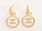 Double C on white enamel hanging gold earrings with CZ