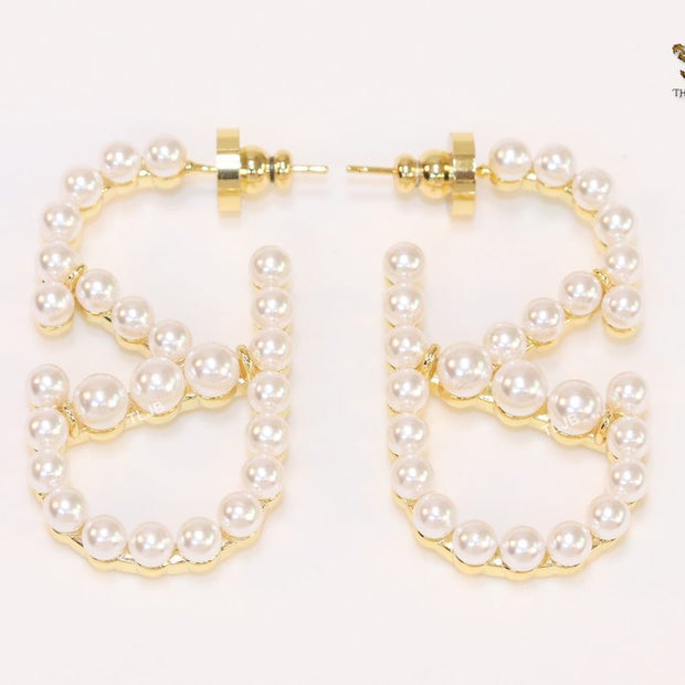 Alphabet V pearl embellished hoops