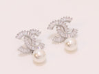 Double C 17 mm baguette CZ with pearl platinum earrings