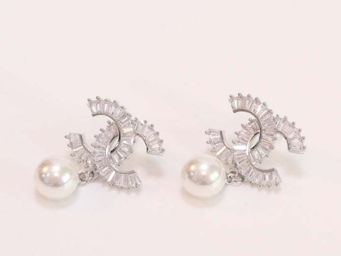 Double C 17 mm baguette CZ with pearl platinum earrings