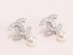 Double C 17 mm baguette CZ with pearl platinum earrings