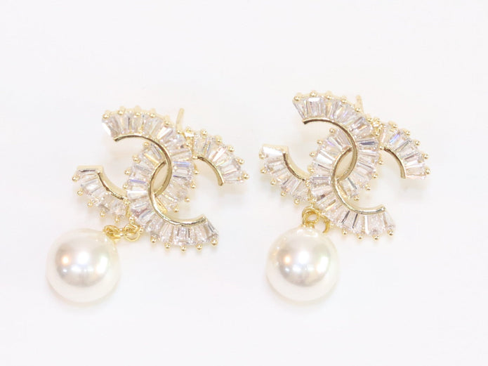 Double C 17 mm baguette CZ with pearl gold earrings