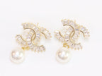 Double C 17 mm baguette CZ with pearl gold earrings