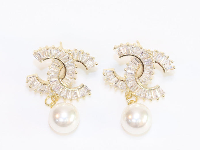 Double C 17 mm baguette CZ with pearl gold earrings
