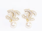 Double C 17 mm baguette CZ with pearl gold earrings