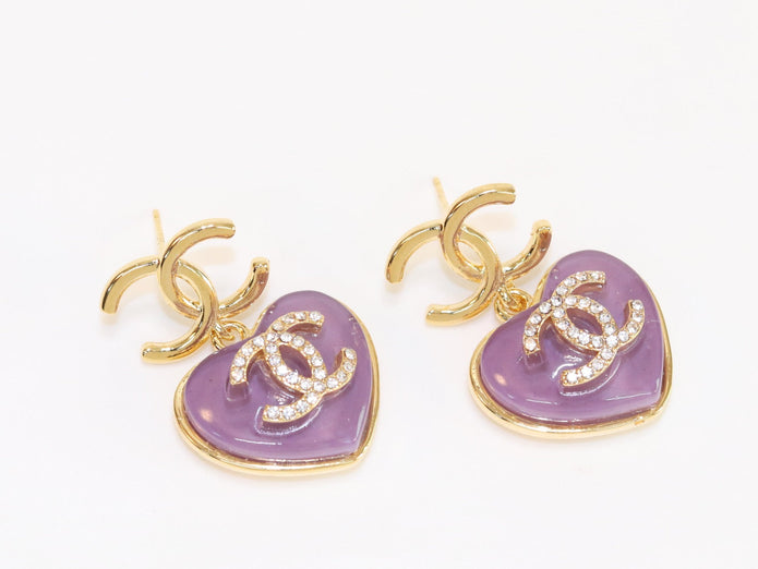 Double C on dangling purple heart gold earrings with CZ