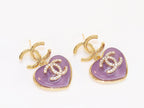 Double C on dangling purple heart gold earrings with CZ