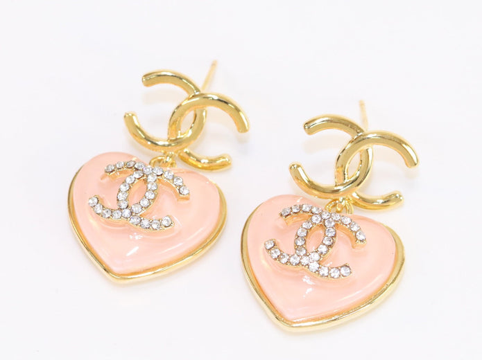 Double C on dangling pink heart gold earrings with CZ
