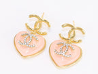Double C on dangling pink heart gold earrings with CZ