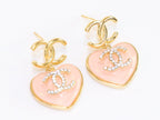 Double C on dangling pink heart gold earrings with CZ
