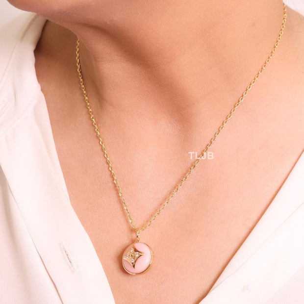 Pink clover with enamel chain
