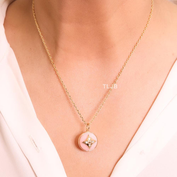 Pink clover with enamel chain