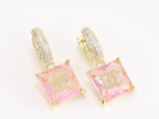 Double C on dangling pink square gold earrings with CZ