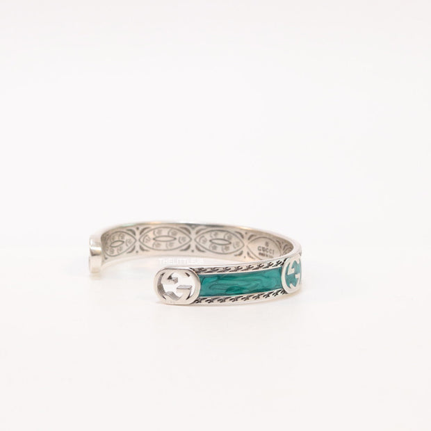 Twin G motif malachite green bracelet in matt gold finish