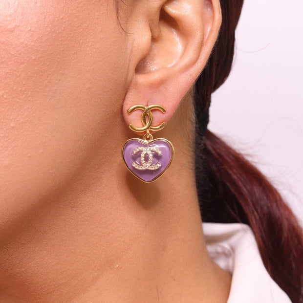 Double C on dangling purple heart gold earrings with CZ