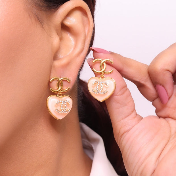 Double C on dangling pink heart gold earrings with CZ