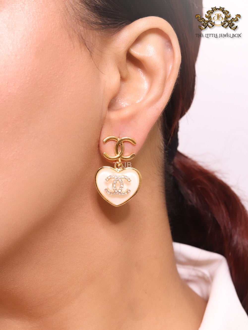 Double C on dangling pink heart gold earrings with CZ