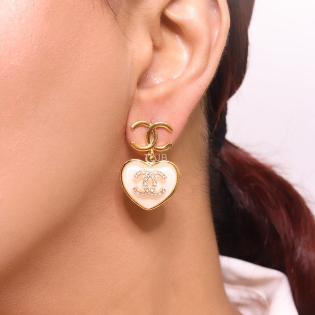 Double C on dangling pink heart gold earrings with CZ
