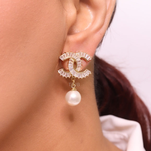 Double C 17 mm baguette CZ with pearl gold earrings