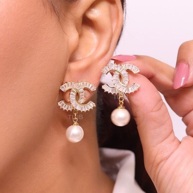 Double C 17 mm baguette CZ with pearl gold earrings