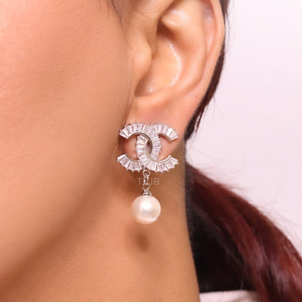 Double C 17 mm baguette CZ with pearl platinum earrings