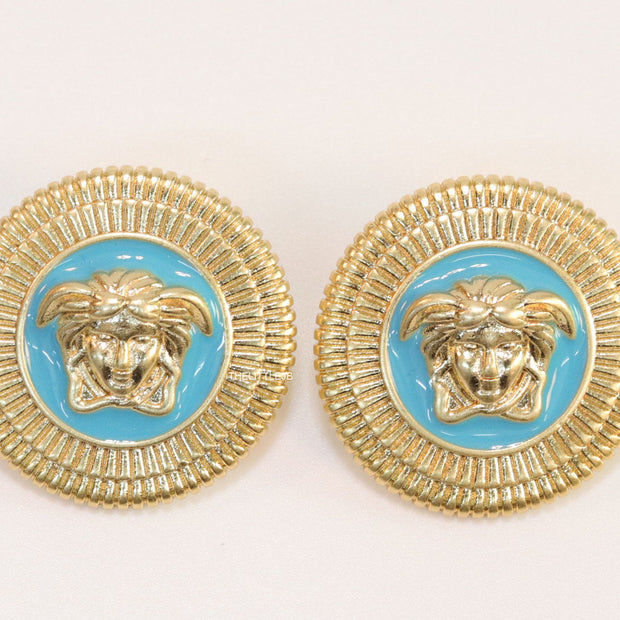 Blue and golden round Medusa stud earrings
