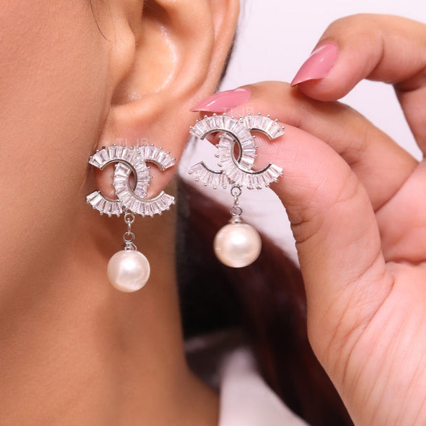 Double C 17 mm baguette CZ with pearl platinum earrings