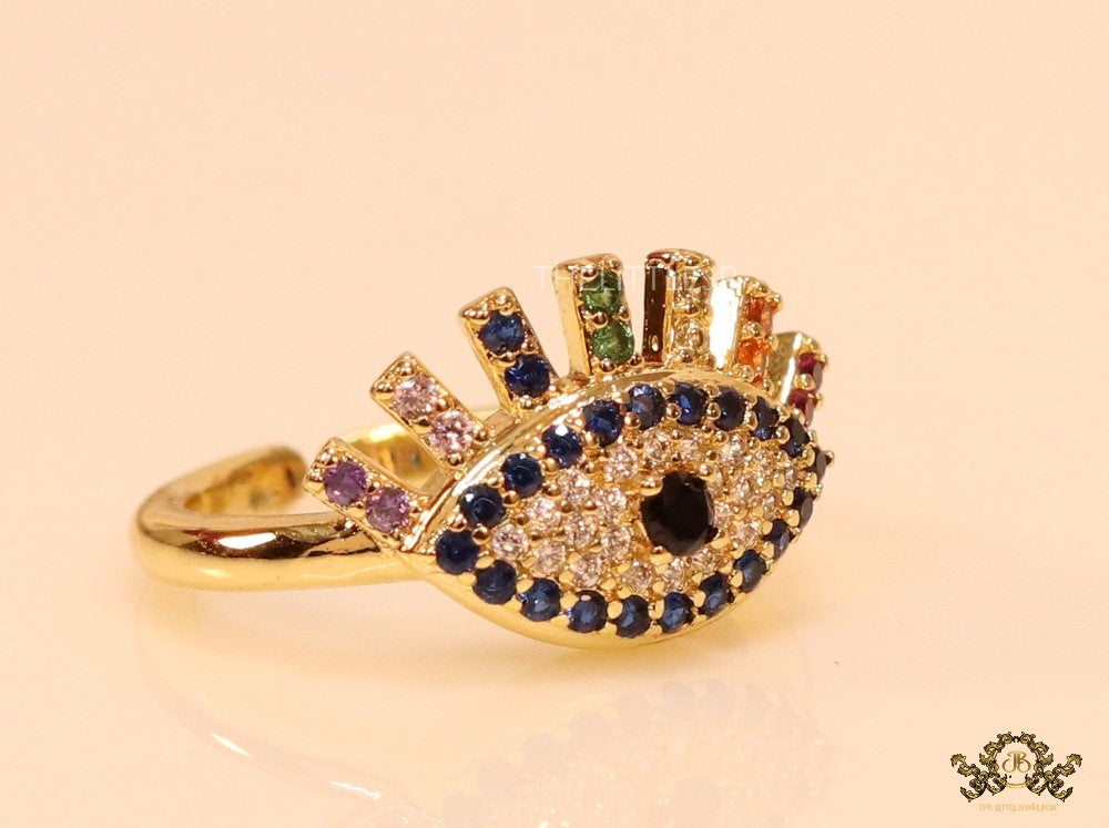 Gold plated open multi coloured cz evil eye ring