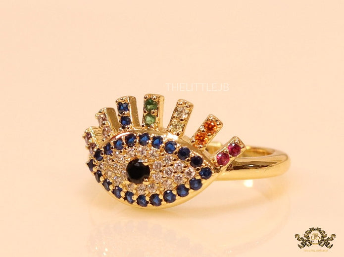 Gold plated open multi coloured cz evil eye ring